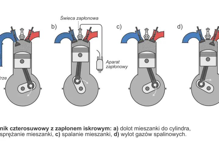 Schemat pracy silnika czterosuwowego: a) dolot, b) sprężanie, c) spalanie, d) wylot spalin. Pokazuje cykl pracy silnika.