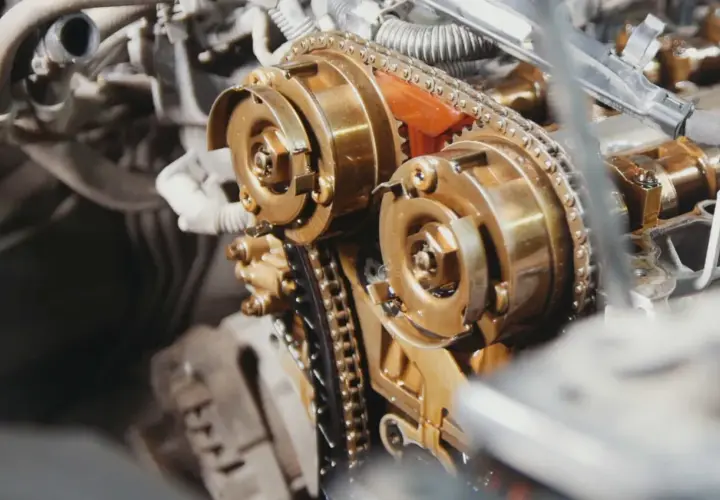 Zbliżenie na mechanizm rozrządu w silniku diesla. Zastanawiasz się, co ile kilometrów wymienia się rozrząd w dieslu? Sprawdź w instrukcji swojego auta!