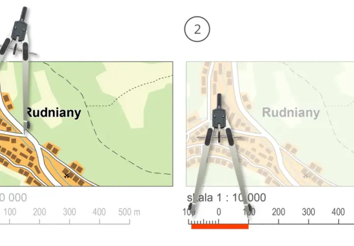 Dwa fragmenty mapy z miejscowości Rudniany, pokazujące skalę i cyrkiel. Pomocne przy planowaniu odległości kolejowych w Polsce.