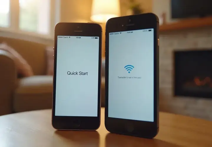 Dwa iPhone'y obok siebie. Na jednym "Quick Start", na drugim symbol Wi-Fi. Ułatwiają one proces, jak przenieść dane z iPhone na iPhone.