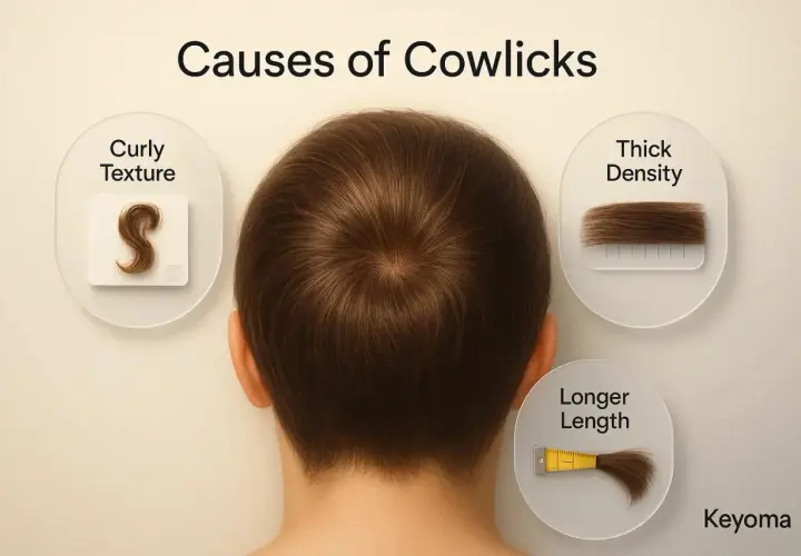 El remolino pelo en la coronilla, junto a la textura rizada, densidad y longitud, explican las causas de las "cowlicks".
