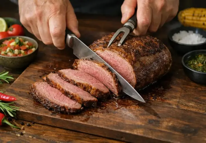 Délicieuse picanha recette, tranchée sur une planche en bois, accompagnée de salsa, d'épices et de maïs grillé.