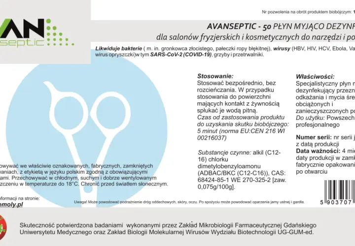 Grafika przedstawia stylizowane nożyczki fryzjerskie na jasnoniebieskim tle, z logo produktu AVANSEPTIC.