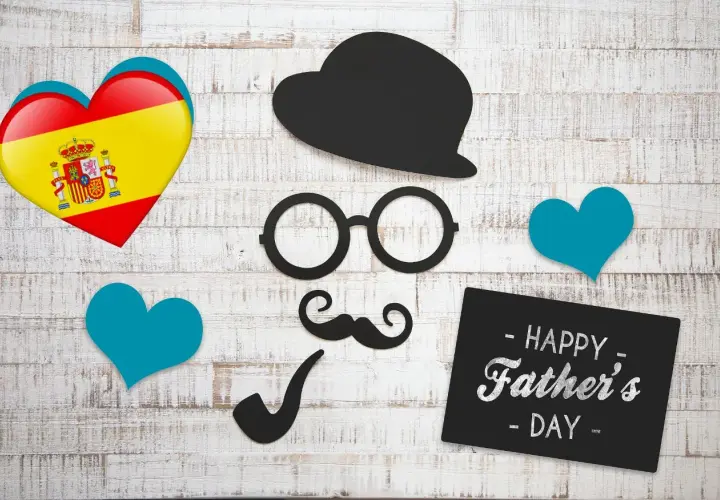 Serce z flagą Hiszpanii, czarny kapelusz, okulary, wąsy, fajka i napis "Happy Father's Day". Padre, co to znaczy?