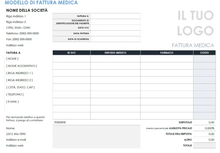 Modello di fattura medica con campi per dati società, paziente, servizi medici, farmaci e costi. Utile come fac simile fattura sostituzione medico di base.