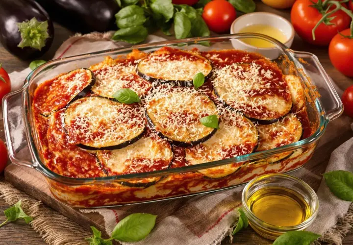 Aubergines à la parmigiana, une véritable recette italienne, dans un plat en verre, garnie de parmesan râpé et de feuilles de basilic frais.