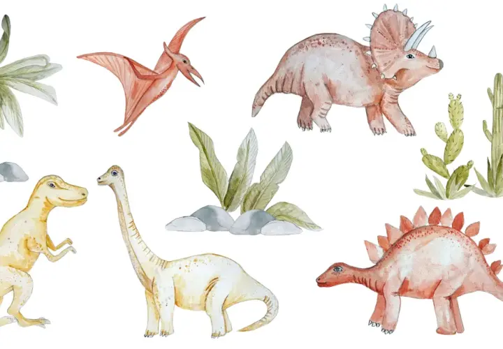Urocze naklejki na ścianę dinozaury: T-Rex, Triceratops, Diplodok, Pterodaktyl i Stegozaur wśród palm i kaktusów.