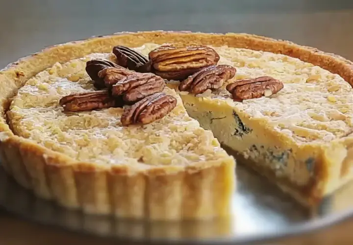 Une part de quiche au bleu, garnie de noix de pécan, sur une assiette.