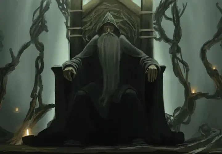 Stary czarodziej z długą brodą siedzi na tronie, otoczony przez pnącza i świece. Inspiracja dla Wizards of the Coast MTG.