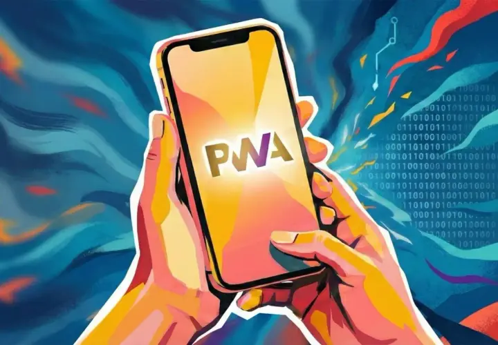Mains tenant un smartphone affichant "PWA". Une illustration abstraite suggère comment mettre un site en application.