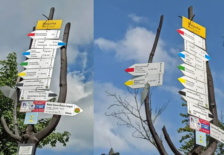 Rozdroże szlaków na Magurce. Wskazówki pokazują drogę do Mikuszowic, Czupel, Straconki, a także Bazy Szturmowej Czupel.