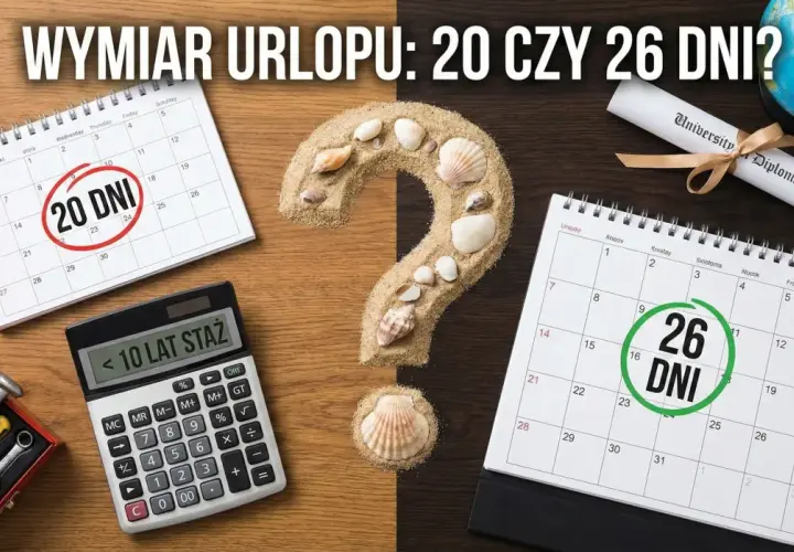 Kalendarz z zaznaczonymi 20 i 26 dniami urlopu, kalkulator stażu pracy i piasek z muszlami. Czy przysługuje Ci 26 dni urlopu?