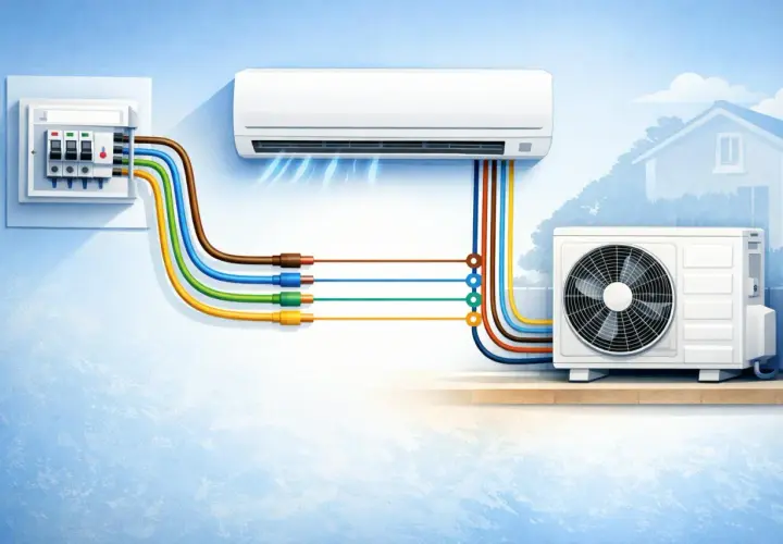 Diagrama de instalación de aire acondicionado, mostrando la unidad interior, exterior y el panel eléctrico. El cambio del compresor aire acondicionado es un paso clave.