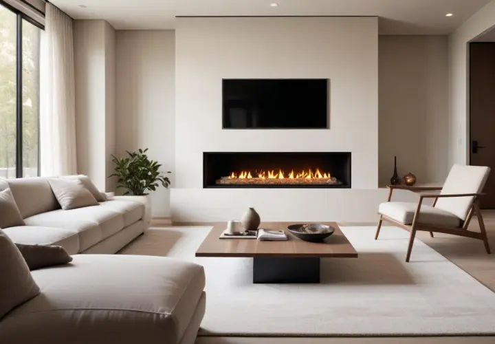 Ett modernt vardagsrum med en elegant inbyggnadskamin som ger värme och atmosfär. En bekväm soffa och en fåtölj inbjuder till avkoppling.