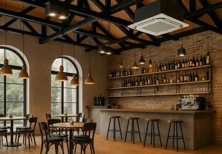 Interior de un bar con mesas, sillas, barra, estanterías llenas de botellas y un aire acondicionado en el techo, creando un ambiente de local climatizado.