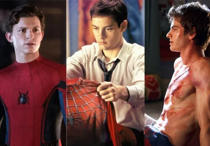 Trois acteurs de Spiderman : Tom Holland, Tobey Maguire et Andrew Garfield, montrant leurs costumes ou leurs blessures.