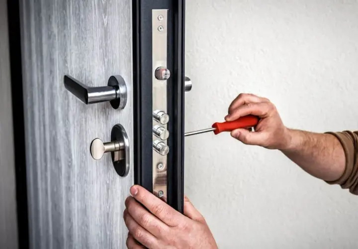 Maintenant, on ajuste le pêne porte avec un tournevis. La serrure de sécurité est en cours d'installation sur la porte grise.