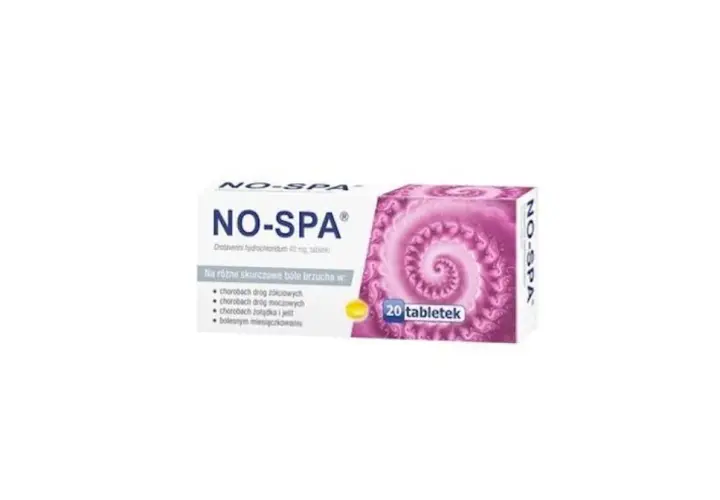 Opakowanie leku NO-SPA forte z 20 tabletkami, wskazane na bóle brzucha, np. przy bolesnym miesiączkowaniu.