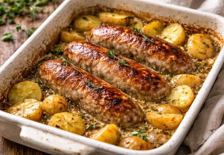 Trois saucissons à cuire dorés, accompagnés de pommes de terre au four coupées en rondelles, le tout dans un plat en céramique.