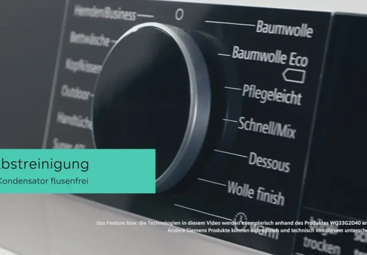 Siemens Trockner Symbole Bedeutung: Das Bedienfeld zeigt Programme wie Baumwolle, Pflegeleicht und Selbstreinigung.