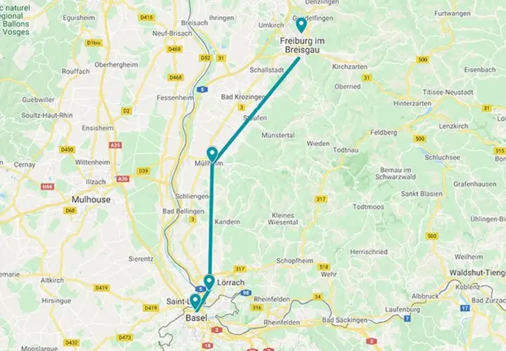 Trasa z Bazylei do Fryburga przez Miluzę, z zaznaczonymi miastami i drogami.