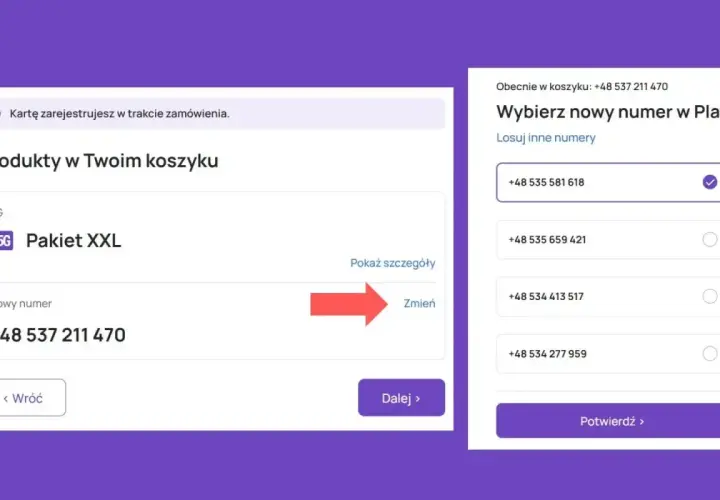 Wybieranie nowego numeru telefonu w Play. Widoczny jest obecny numer i opcje wyboru nowego numeru na kartę.