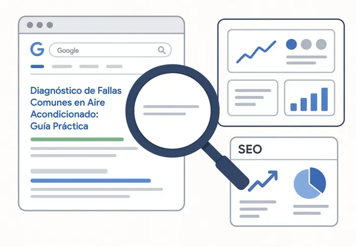 Lupa sobre un resultado de búsqueda de Google para "Diagnóstico de Fallas Comunes en Aire Acondicionado: Guía Práctica", junto a gráficos de SEO.