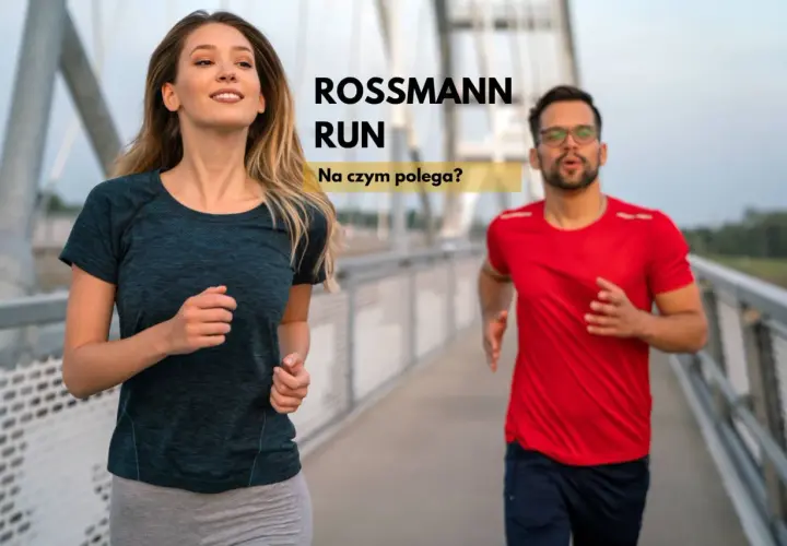 Uśmiechnięta kobieta i mężczyzna w okularach biegną na moście. Napis "ROSSMANN RUN" sugeruje wydarzenie sportowe.