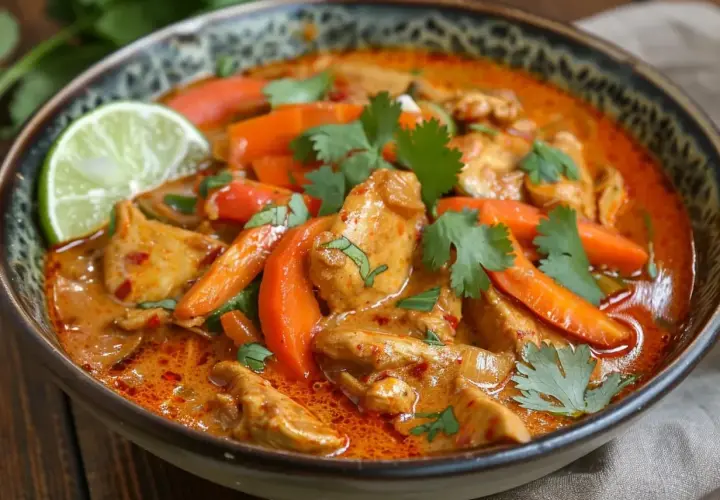 En skål med kyckling i krämig red curry med morötter och lime.