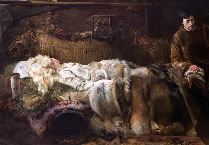 Jacek Malczewski dzieła: mężczyzna czuwa przy śpiącej kobiecie w chatce.