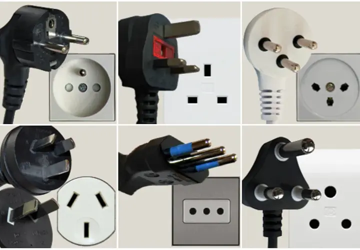 Różne rodzaje gniazdek elektrycznych i wtyczek z całego świata.