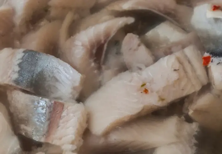 Kawałki kiszonych śledzi w zalewie, niektóre z drobinkami przypraw.