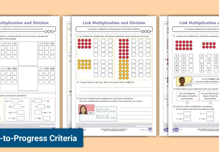Hojas de trabajo con ejercicios de multiplicaciones y divisiones, incluyendo arrays y resolución de problemas.