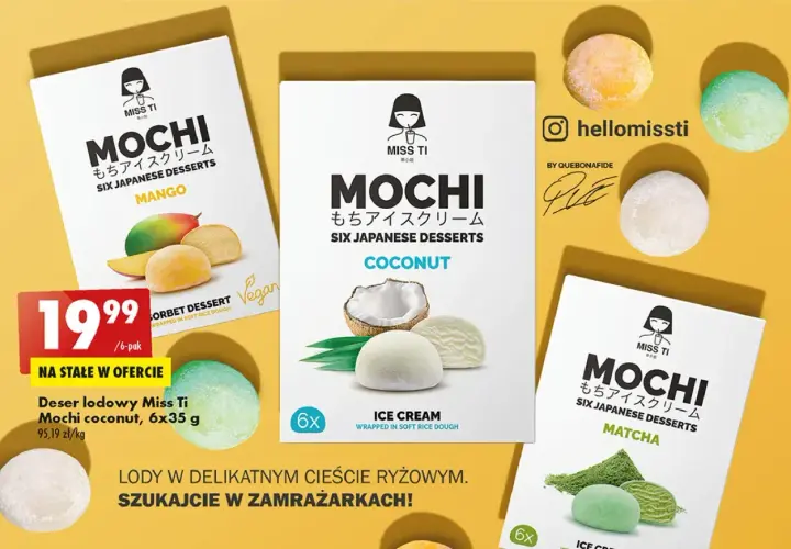 Desery mochi Miss Ti: mango, kokos, matcha. Niskokaloryczna galaretka kcal w delikatnym cieście ryżowym.