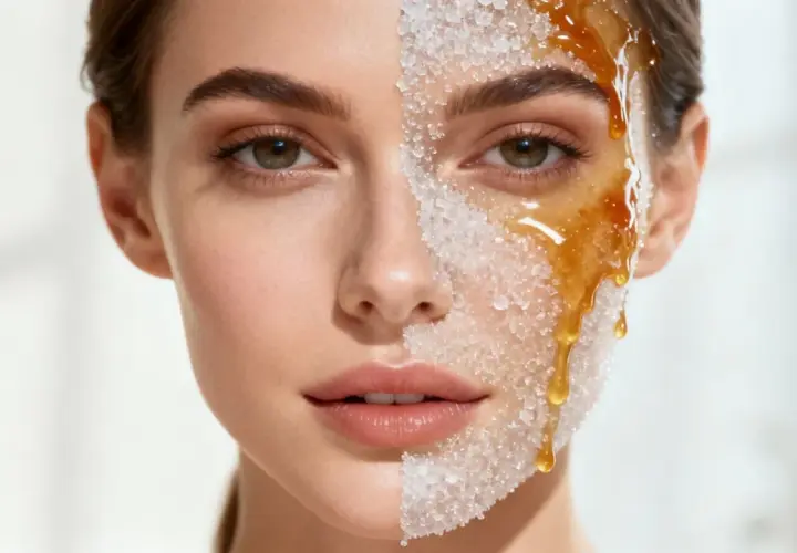 Gesicht einer Frau mit einer Hälfte, die mit Zucker bedeckt ist, und der anderen Hälfte, auf der Honig tropft. Ein süßes Peeling für die verzuckerung der haut.
