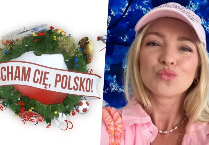 Wieniec z napisem "Kocham Cię, Polsko!" i wizerunek kobiety wysyłającej całusa.