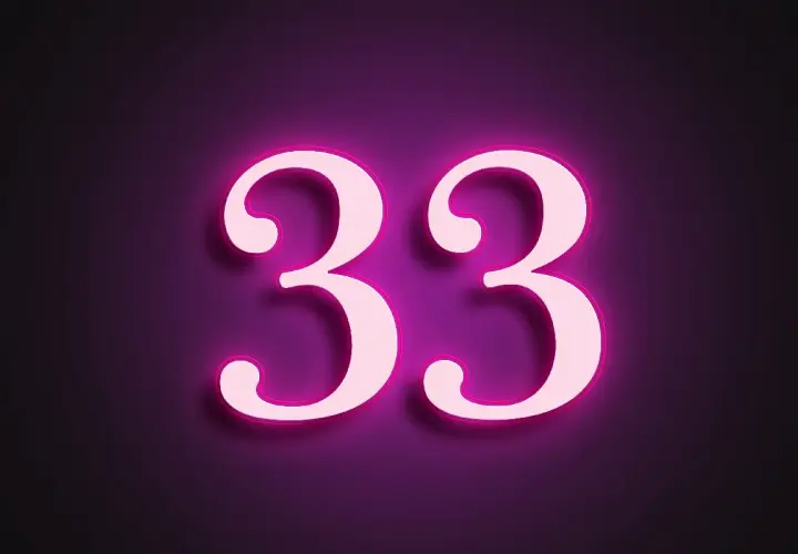 Jasne, oto opis:

Jasnoróżowe cyfry 33 z neonowym obramowaniem na ciemnofioletowym tle. Numerologia 33 to liczba mistrzowska.