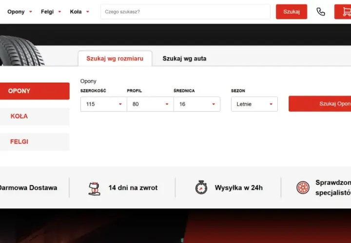 Wyszukiwarka opon z polami do wyboru rozmiaru, profilu i średnicy. Możliwość wyszukiwania po marce opon.