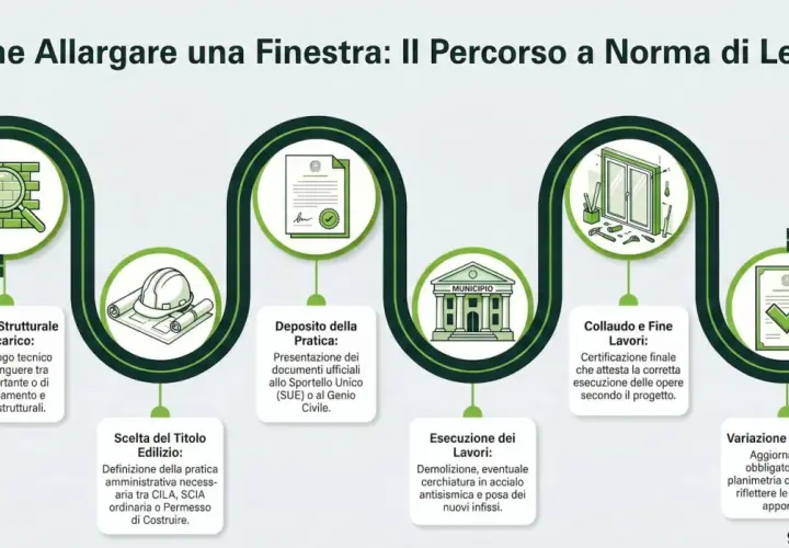 Percorso per allargare una finestra esistente: verifica strutturale, scelta titolo edilizio, deposito pratica, esecuzione lavori, collaudo e variazione catastale.