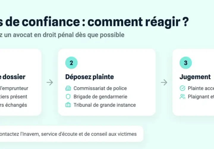Schéma expliquant comment réagir face à un abus de confiance, de la constitution du dossier au jugement, pour porter plainte contre un artisan.