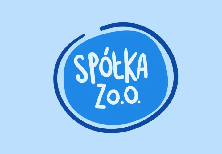 Niebieski okrąg z białym napisem "SPÓŁKA Z O.O.". Może to być logo firmy, która zajmuje się np. rozliczeniami podatkowymi.