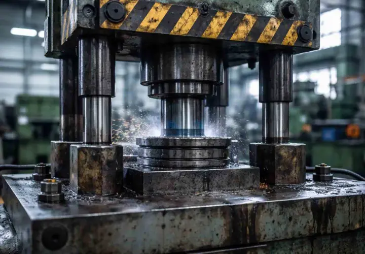 Przenośna prasa hydrauliczna w akcji, formująca metal. Iskry sypią się podczas pracy maszyny.