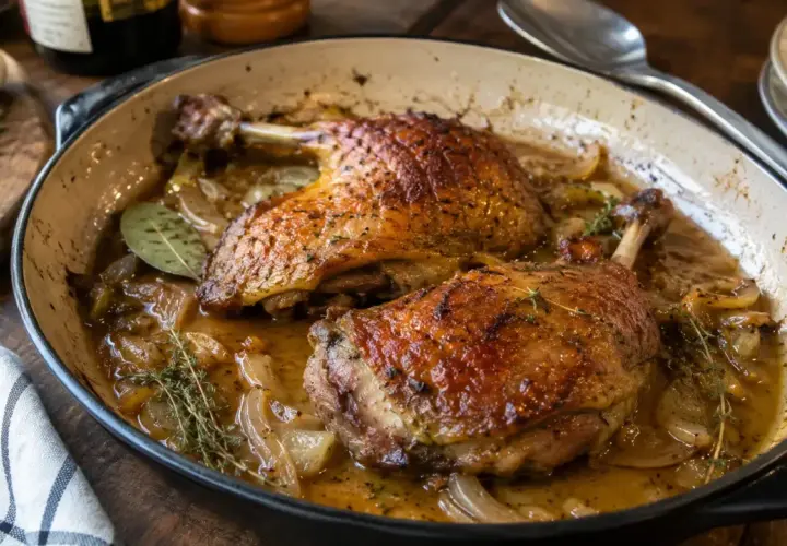 Deux cuisses de canard dorées mijotent dans une sauce savoureuse avec des oignons et des herbes, prêtes à être dégustées.