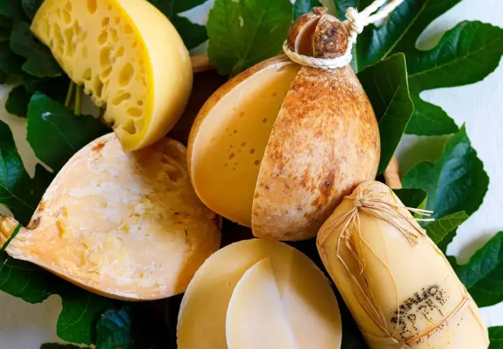 Varietà di formaggio caciocavallo, alcuni interi, altri tagliati, su foglie verdi.