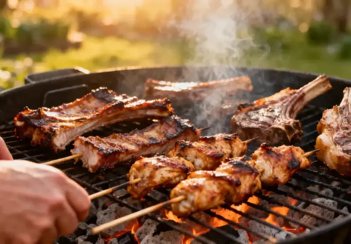 Des côtelettes d'agneau et des brochettes de poulet grillent sur un barbecue, dégageant une fumée alléchante. Un délice d'agneau barbecue en plein air.