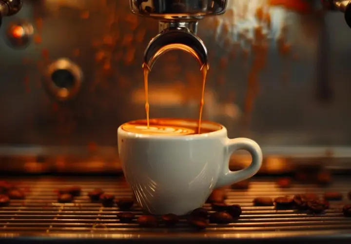 Frisch gebrühter Espresso fließt in eine Tasse, das perfekte Espresso Rezept. Kaffeebohnen liegen auf dem Gitter.