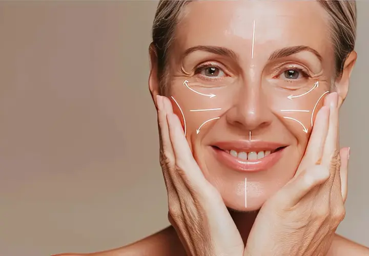 Volto di donna con linee bianche che indicano le rughe nasogeniene e altre zone del viso, mani che accarezzano le guance.