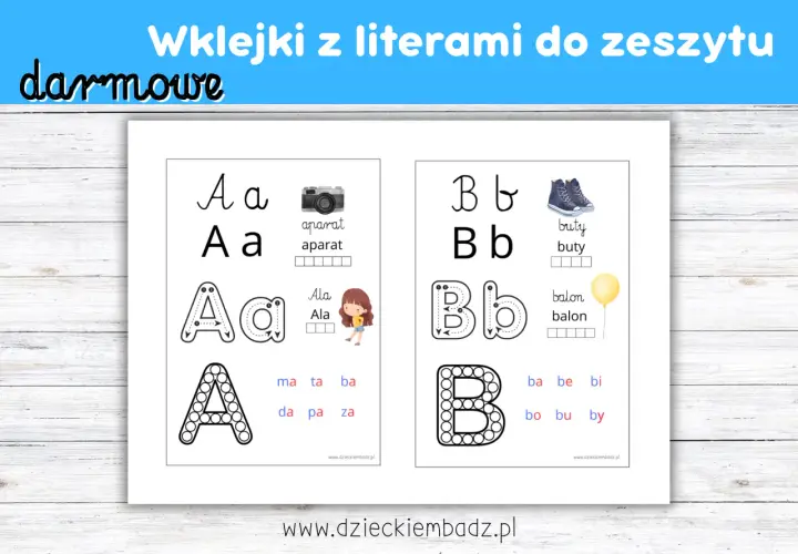 Darmowe wklejki do zeszytu litery do druku: Aa z aparatem i Ala, Bb z butami i balonem.