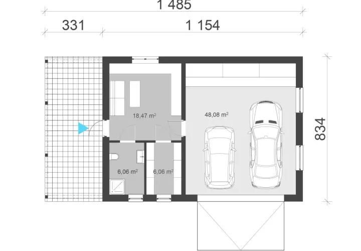Rzut garażu dwustanowiskowego z wymiarami: 48,08 m² na dwa auta, pomieszczenie gospodarcze 18,47 m², łazienka 6,06 m².