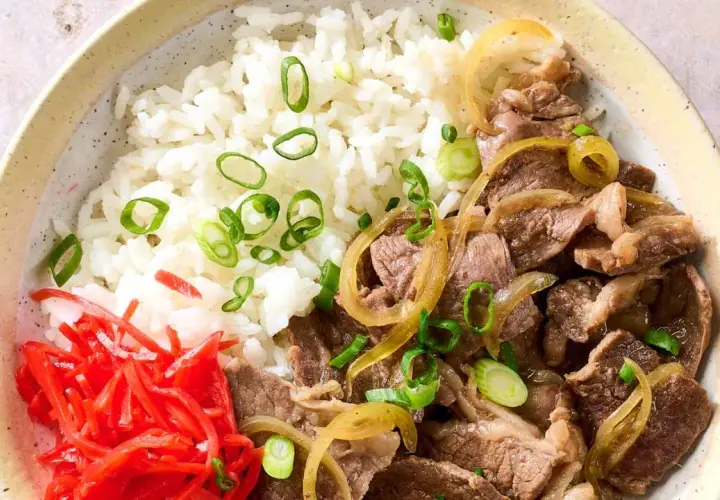 A delicious gyudon recipe featuring tender beef and onions over fluffy rice, garnished with pickled ginger and green onions.